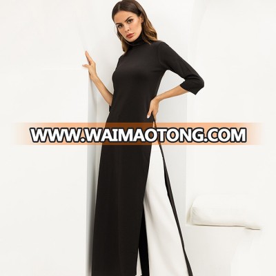 Factory Design Casual Black Quarter Sleeve High Neck Side Split Long Plus Size Fall Dresses For Women