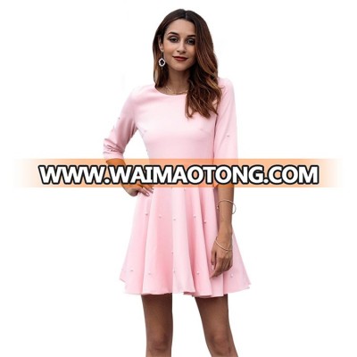 OEM ODM Custom Trending Pink Beading Half Sleeve Mini A Line Women Clothing Summer Casual Dresses