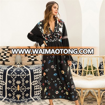 Custom 2018 Fall Casual Boho Deep V Ruffles Long Bell Sleeve High Waist Women Long Sleeve Maxi Dresses